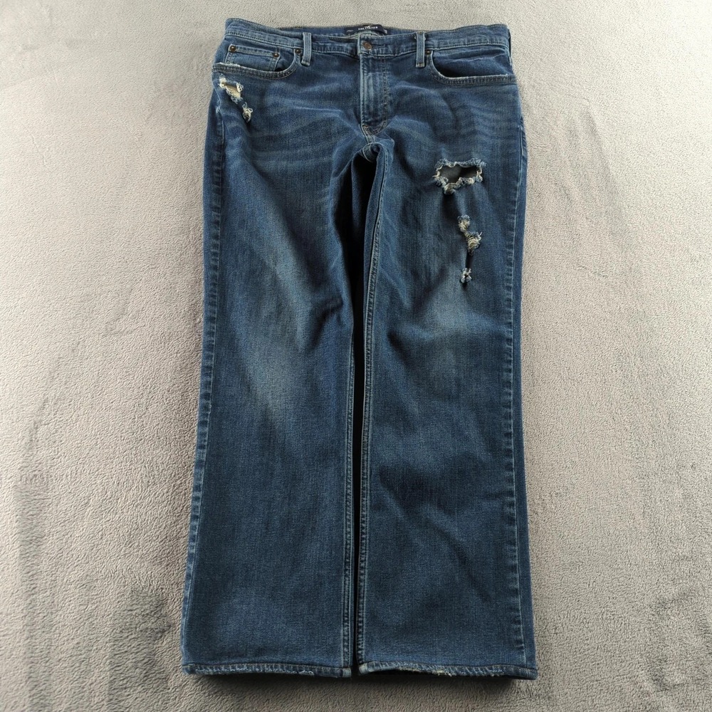 Hollister Epic Flex Boot Jeans Mens 36x28* Blue Distressed Bootcut Stretch Denim